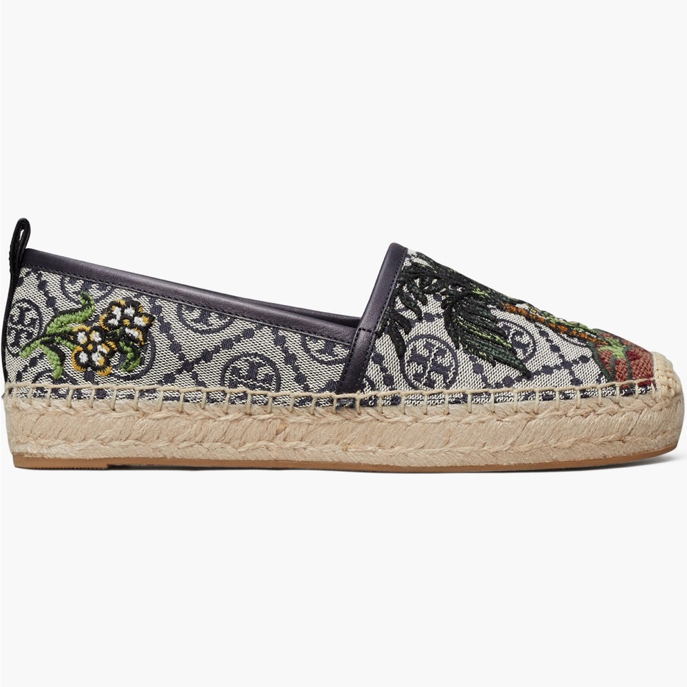 NIB Tory Burch T Monogram Platform Espadrille Cheetah Needlepoint Navy Size 7.5 - Picture 2 of 3